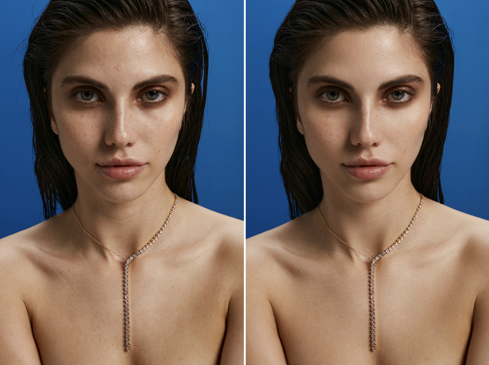 Side-by-side before and after beauty retouch