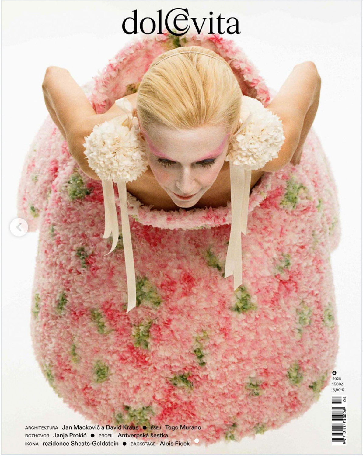 DIOR couture for DOLCE VITA magazine cover — model in pink floral ball gown