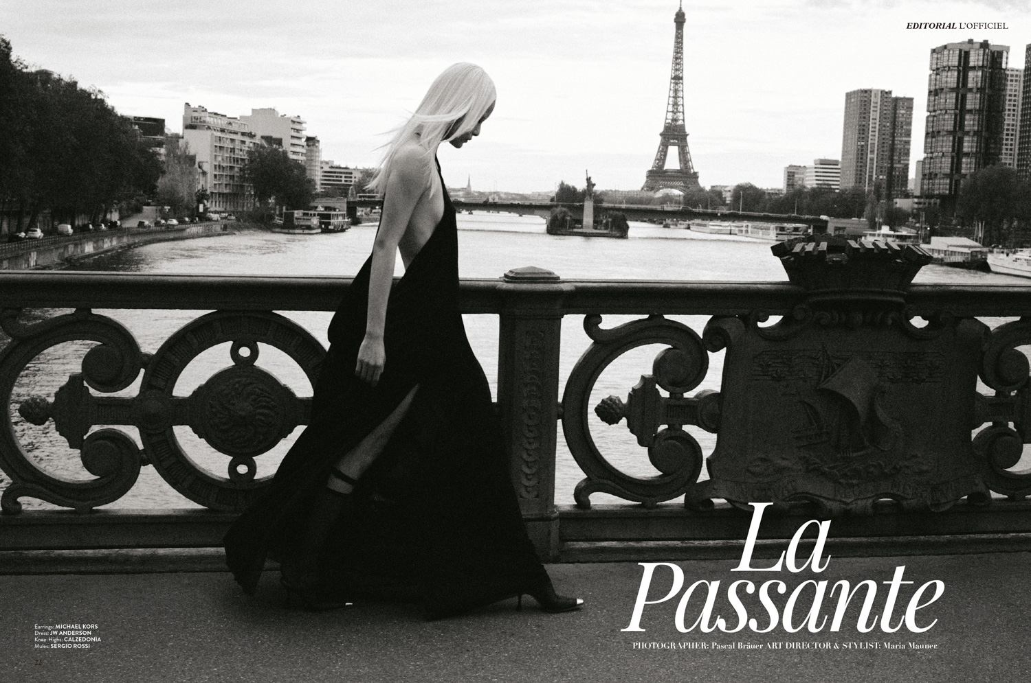 L'Officiel Arabia — B&W editorial in Paris on ornate Seine bridge with Eiffel Tower, model in black gown
